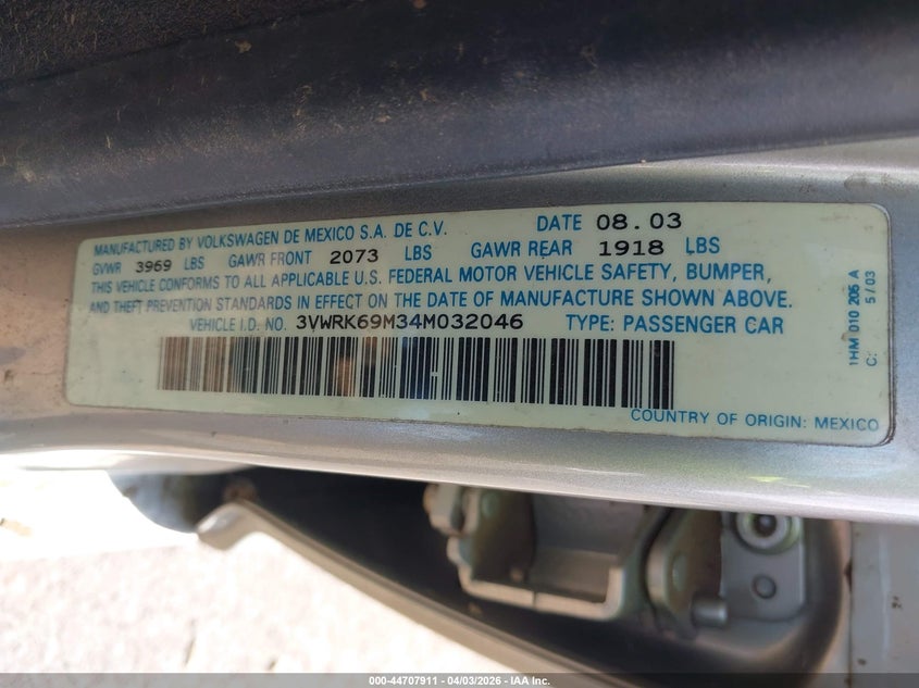 2004 Volkswagen Jetta Gl VIN: 3VWRK69M34M032046 Lot: 44707911