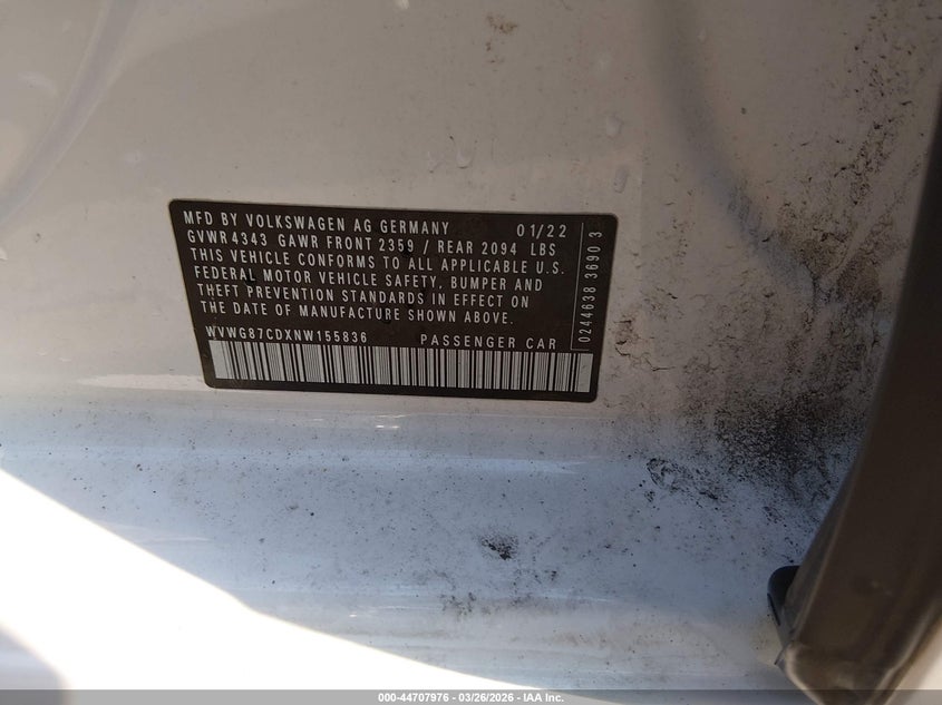 2022 Volkswagen Golf Gti 2.0T S VIN: WVWG87CDXNW155836 Lot: 44707976