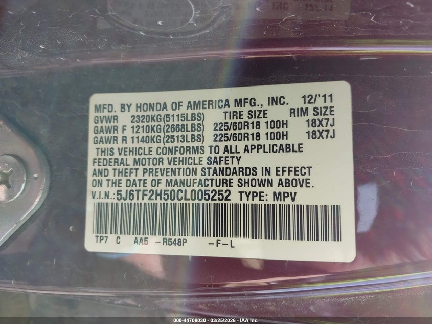 2012 Honda Crosstour Ex-L VIN: 5J6TF2H50CL005252 Lot: 44708030