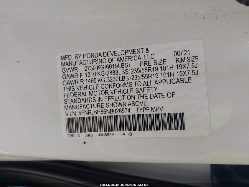 2022 Honda Odyssey Touring VIN: 5FNRL6H86NB026574 Lot: 44708042