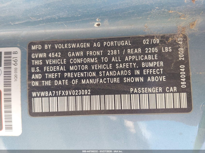 2009 Volkswagen Eos Komfort VIN: WVWBA71FX9V023092 Lot: 44708232