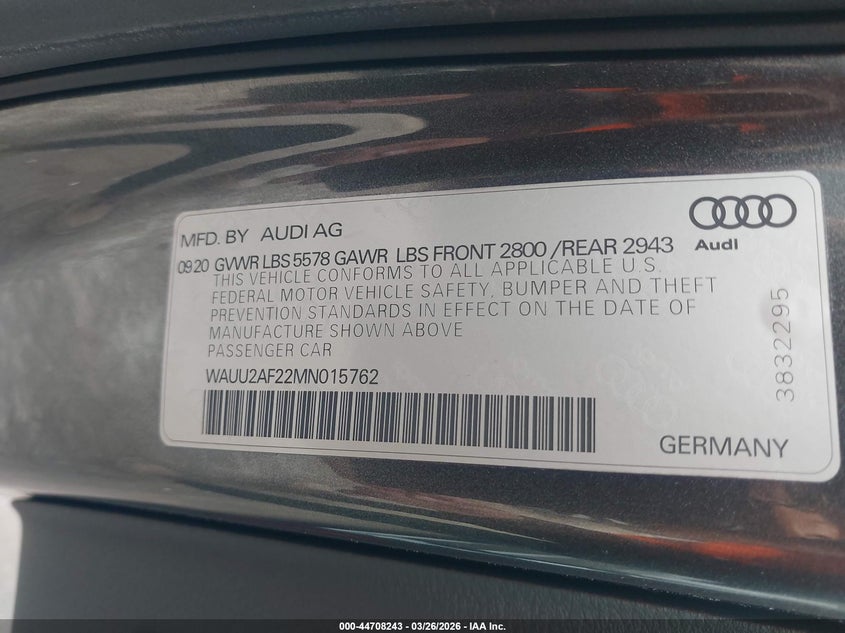 2021 Audi A7 Sportback Premium Plus 55 Tfsi Quattro S Tronic VIN: WAUU2AF22MN015762 Lot: 44708243