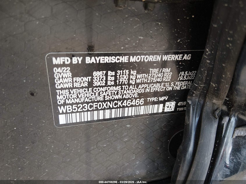 2022 BMW Ix xDrive50 VIN: WB523CF0XNCK46466 Lot: 44708296