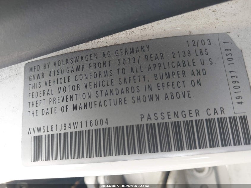 2004 Volkswagen Jetta Gls 2.0L VIN: WVWSL61J94W116004 Lot: 44708377