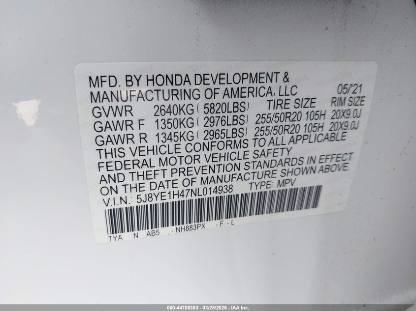 2022 Acura Mdx Technology Package VIN: 5J8YE1H47NL014938 Lot: 44708383