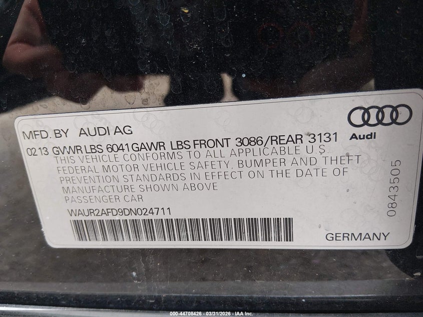 2013 Audi A8 L 4.0T VIN: WAUR2AFD9DN024711 Lot: 44708426