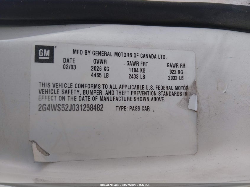 2003 Buick Century Custom VIN: 2G4WS52J031258482 Lot: 44708466