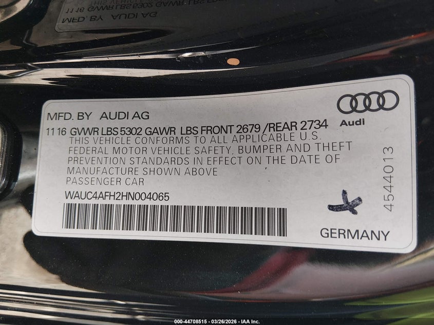 2017 Audi S5 3.0T VIN: WAUC4AFH2HN004065 Lot: 44708515