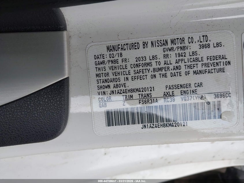 2019 Nissan 370Z Nismo VIN: JN1AZ4EH8KM420121 Lot: 44708657