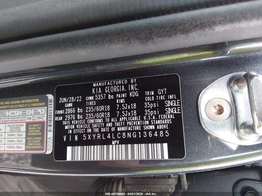 2022 Kia Sorento S VIN: 5XYRL4LC8NG136485 Lot: 44708665