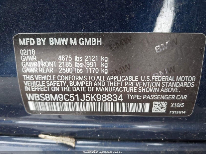 2018 BMW M3 Cs VIN: WBS8M9C51J5K98834 Lot: 44708695