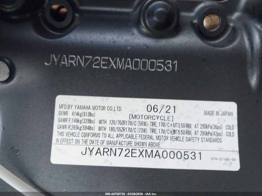 2021 Yamaha Mt09 D VIN: JYARN72EXMA000531 Lot: 44708739