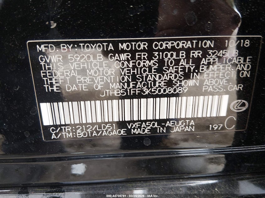 2019 Lexus Ls 500 VIN: JTHB51FF3K5008089 Lot: 44708781