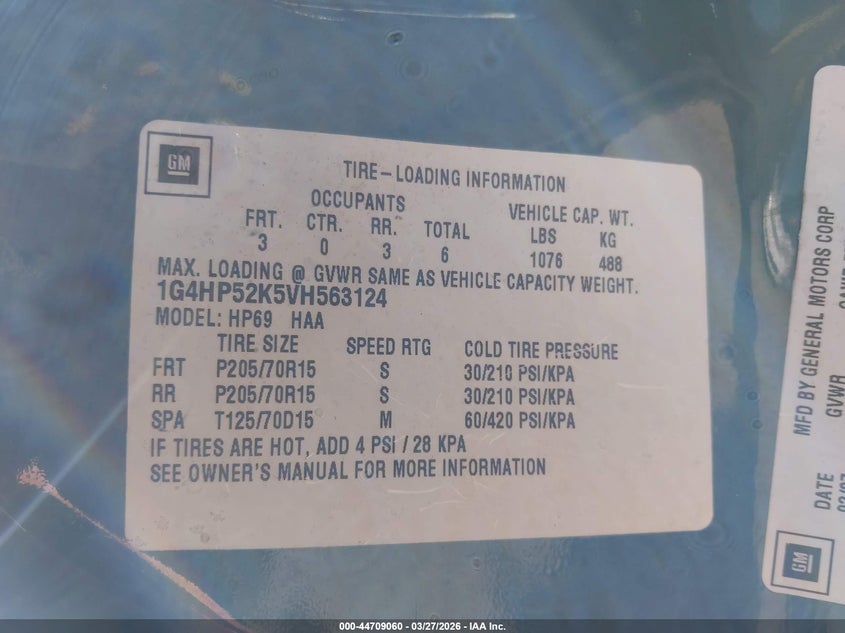 1997 Buick Lesabre Custom VIN: 1G4HP52K5VH563124 Lot: 44709060