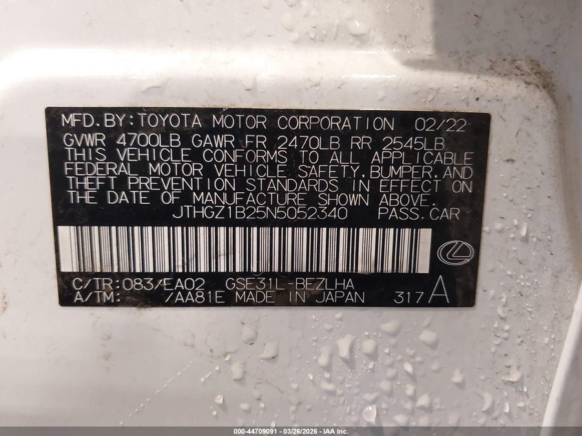 2022 Lexus Is 350 F Sport VIN: JTHGZ1B25N5052340 Lot: 44709091