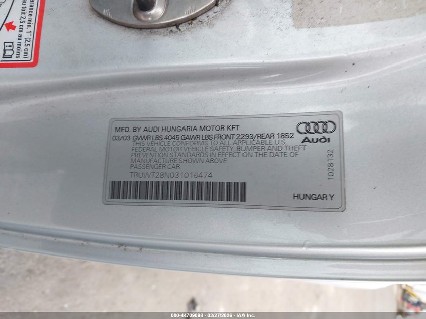 2003 Audi Tt 1.8L VIN: TRUWT28N031016474 Lot: 44709098