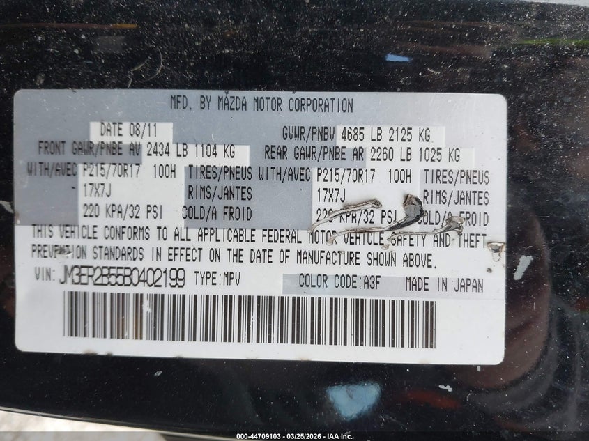 2011 Mazda Cx-7 I Sport VIN: JM3ER2B55B0402199 Lot: 44709103