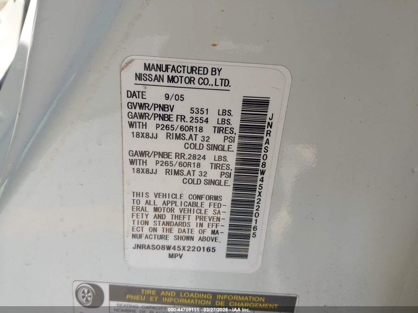 2005 Infiniti Fx35 VIN: JNRAS08W45X220165 Lot: 44709111