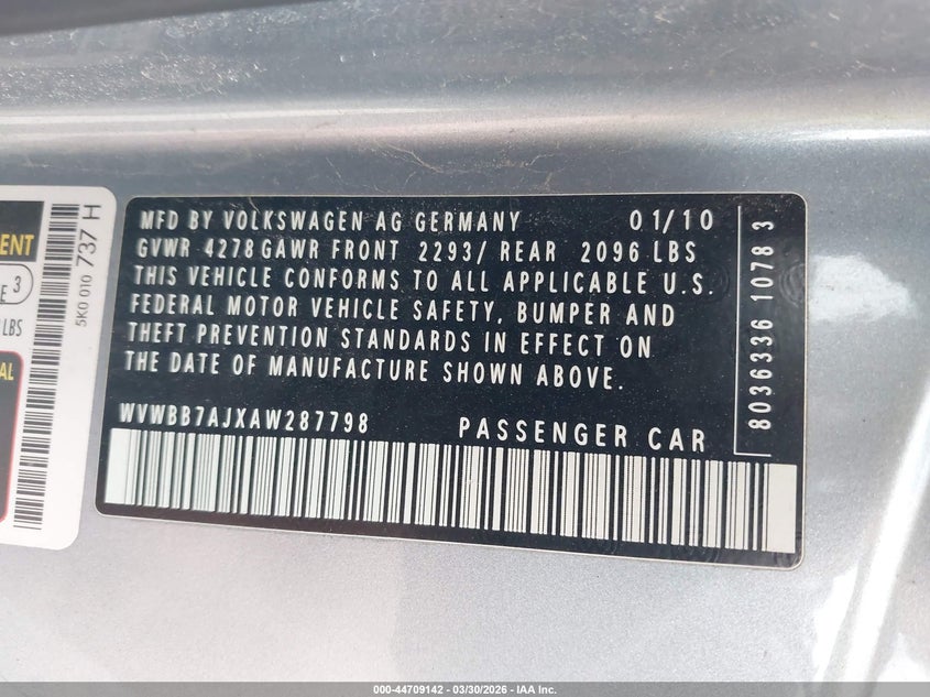 2010 Volkswagen Golf 2-Door VIN: WVWBB7AJXAW287798 Lot: 44709142