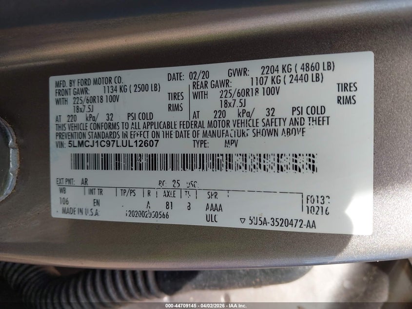 2020 Lincoln Corsair Standard VIN: 5LMCJ1C97LUL12607 Lot: 44709145