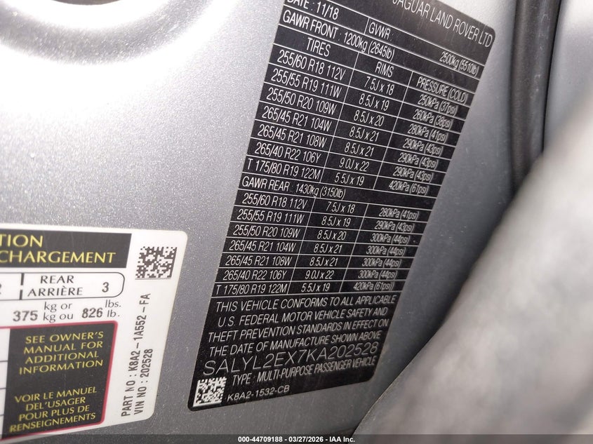 2019 Land Rover Range Rover Velar P250 R-Dynamic Se VIN: SALYL2EX7KA202528 Lot: 44709188