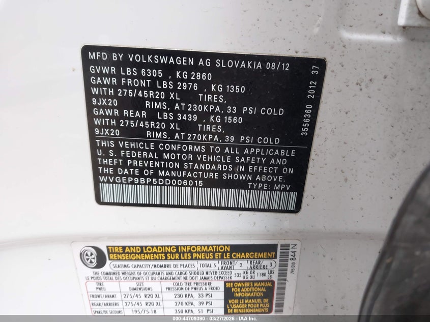 2013 Volkswagen Touareg Tdi Executive VIN: WVGEP9BP5DD006015 Lot: 44709390