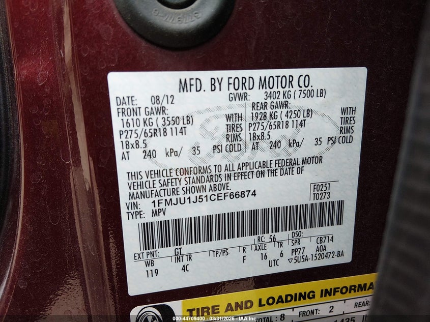 2012 Ford Expedition 5.4 Xlt/King Ranch brown Lot 111044709400 Vin 1FMJU1J51CEF66874
