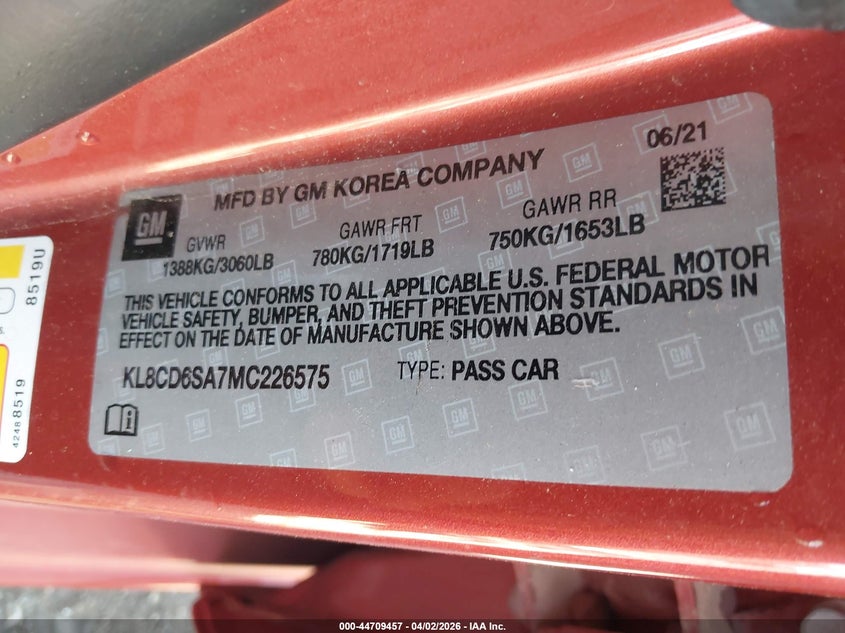 2021 Chevrolet Spark Fwd 1Lt Automatic VIN: KL8CD6SA7MC226575 Lot: 44709457