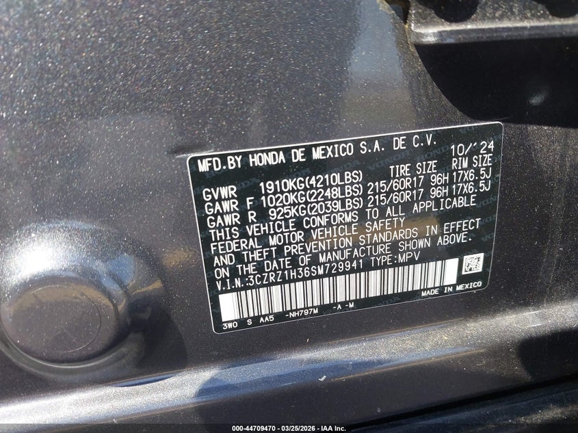VIN 3CZRZ1H36SM729941 2025 HONDA HR-V 2WD LX