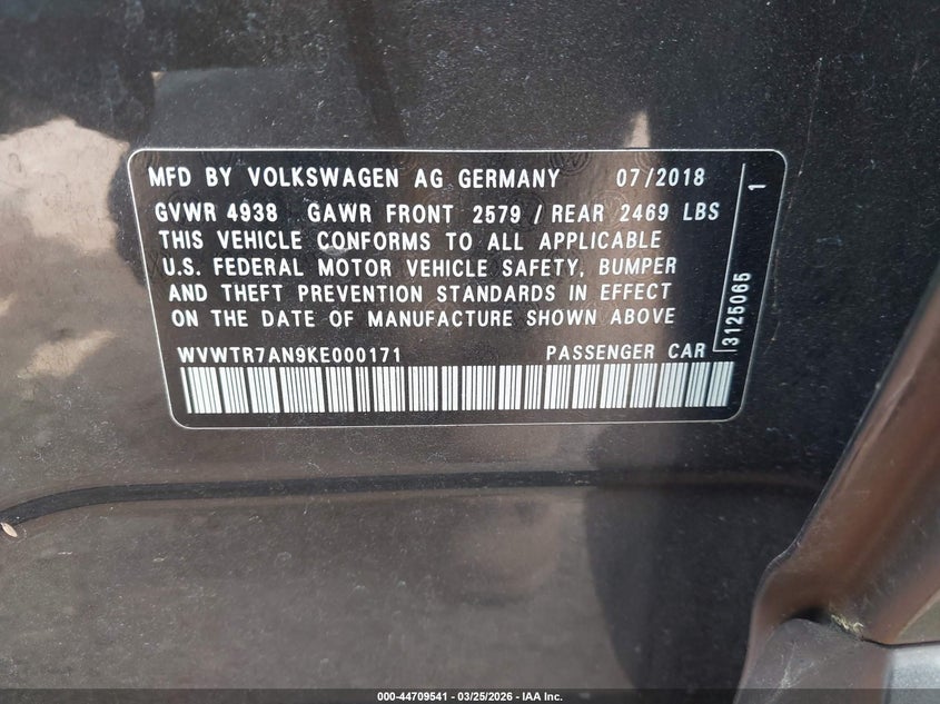 2019 Volkswagen Arteon 2.0T Sel Premium R-Line VIN: WVWTR7AN9KE000171 Lot: 44709541