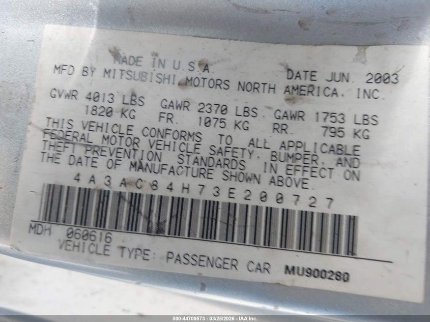2003 Mitsubishi Eclipse Gt VIN: 4A3AC84H73E200727 Lot: 44709573
