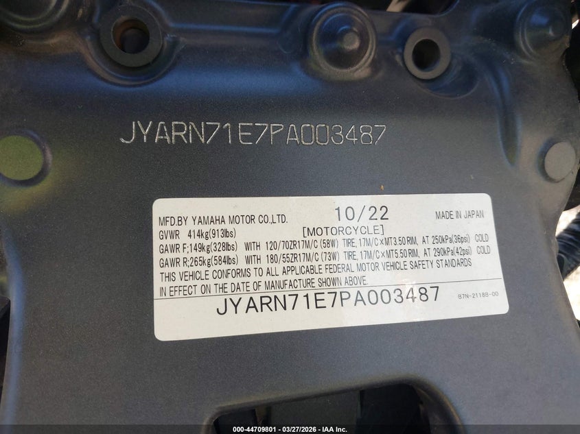 2023 Yamaha Mt09 VIN: JYARN71E7PA003487 Lot: 44709801