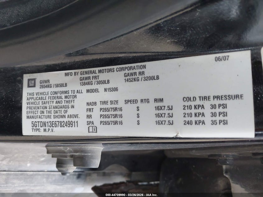 2007 Hummer H3 Suv VIN: 5GTDN13E678249911 Lot: 44709990