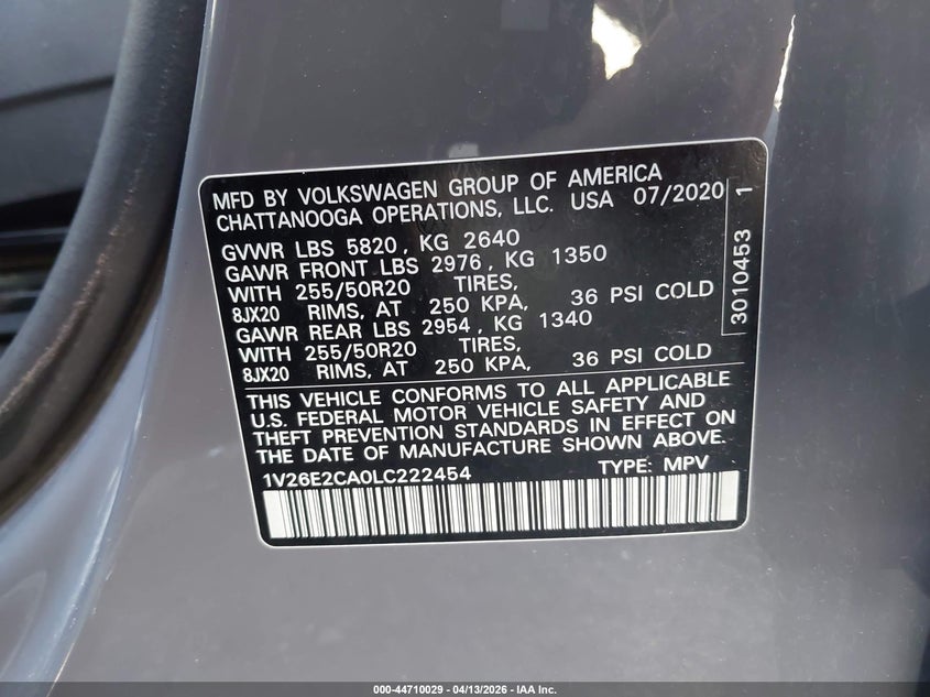 2020 Volkswagen Atlas Cross Sport 3.6L V6 Se W/Technology/3.6L V6 Se W/Technology R-Line VIN: 1V26E2CA0LC222454 Lot: 44710029