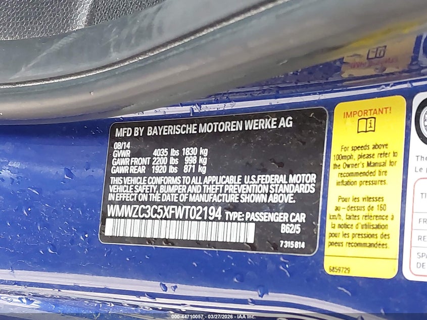 2015 Mini Countryman Cooper S VIN: WMWZC3C5XFWT02194 Lot: 44710057