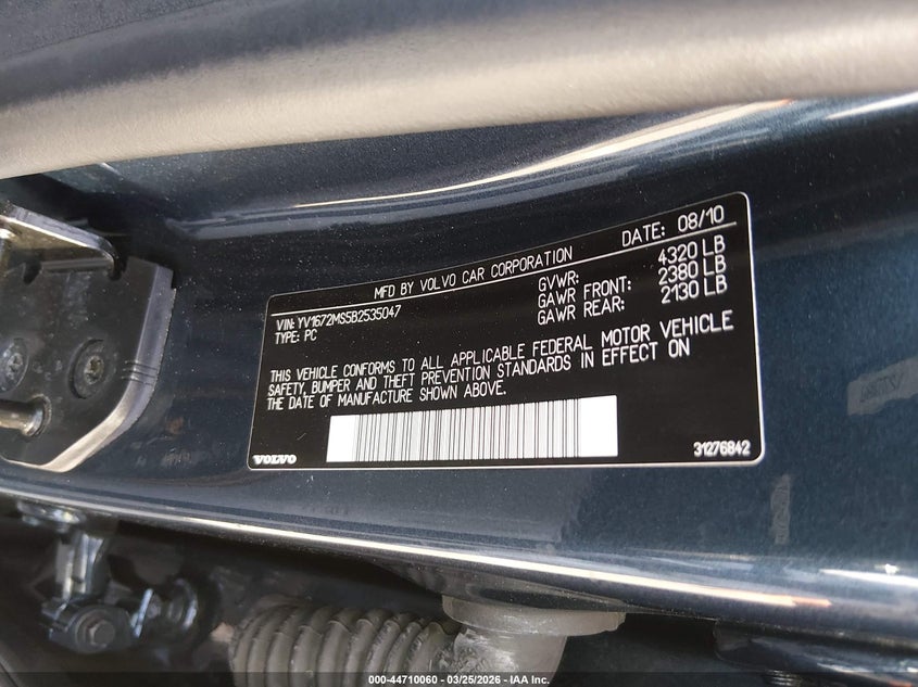 2011 Volvo S40 T5/T5 R-Design VIN: YV1672MS5B2535047 Lot: 44710060