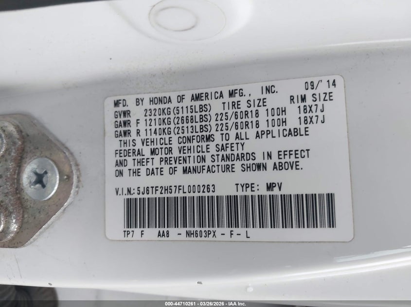 2015 Honda Crosstour Ex-L V6 VIN: 5J6TF2H57FL000263 Lot: 44710261