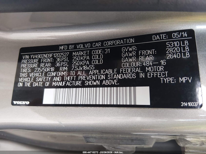 2015 Volvo Xc70 T6 Platinum VIN: YV4902ND9F1202527 Lot: 44710272