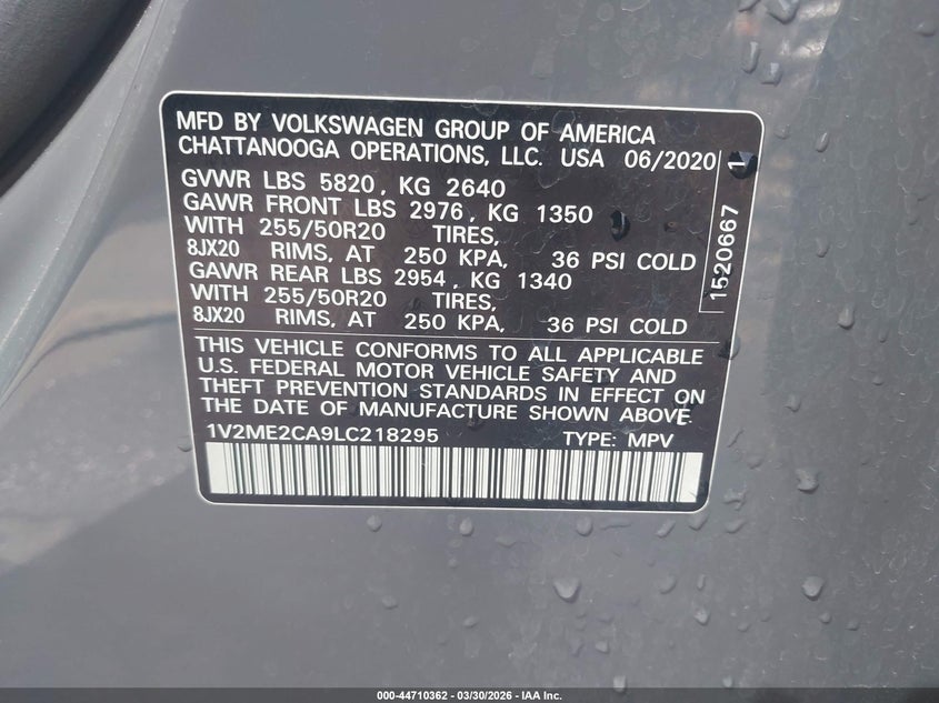 2020 Volkswagen Atlas Cross Sport 3.6L V6 Sel VIN: 1V2ME2CA9LC218295 Lot: 44710362