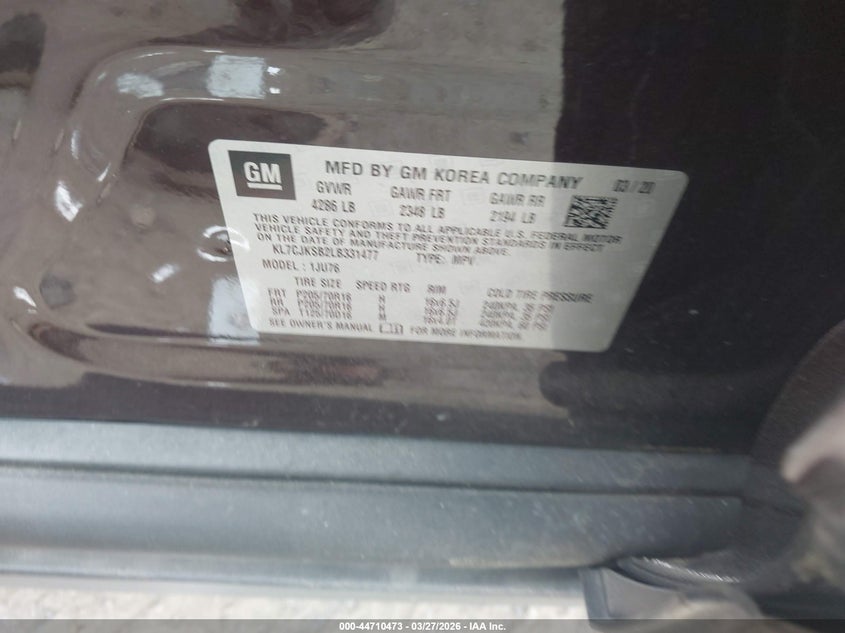VIN KL7CJKSB2LB331477 2020 CHEVROLET TRAX FWD LS