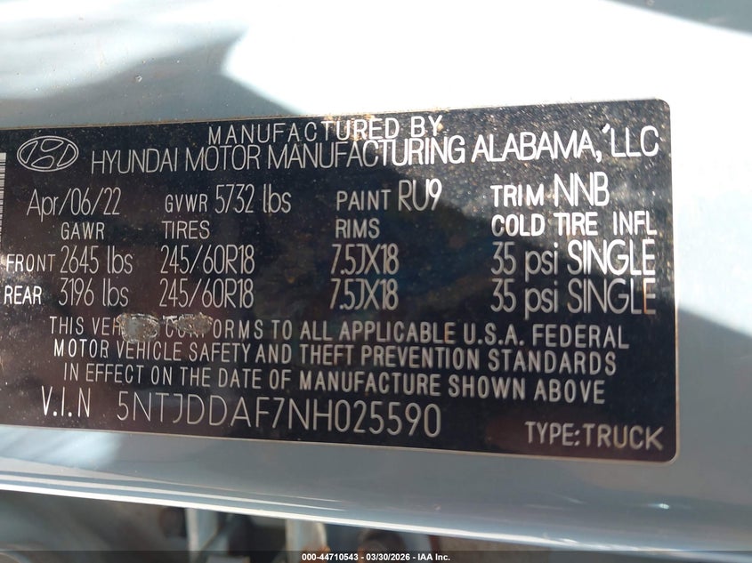 2022 Hyundai Santa Cruz Sel Premium VIN: 5NTJDDAF7NH025590 Lot: 44710543