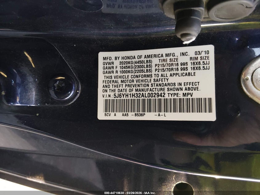 2010 Honda Element Lx VIN: 5J6YH1H32AL002942 Lot: 44710638