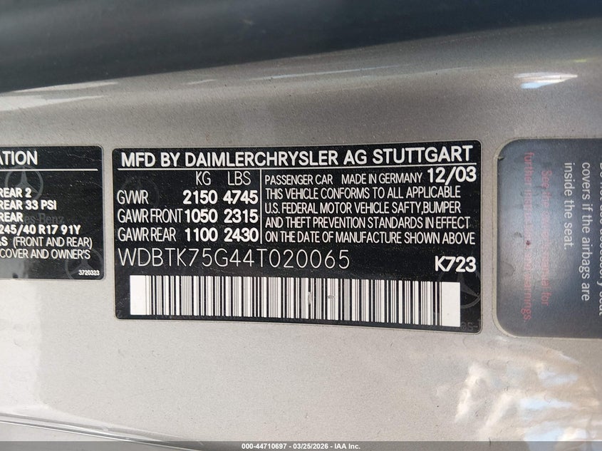 2004 Mercedes-Benz Clk 500 VIN: WDBTK75G44T020065 Lot: 44710697