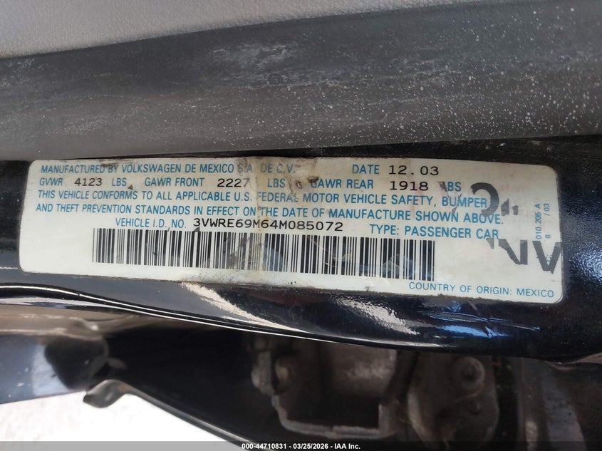 2004 Volkswagen Jetta Gl 1.8T VIN: 3VWRE69M64M085072 Lot: 44710831