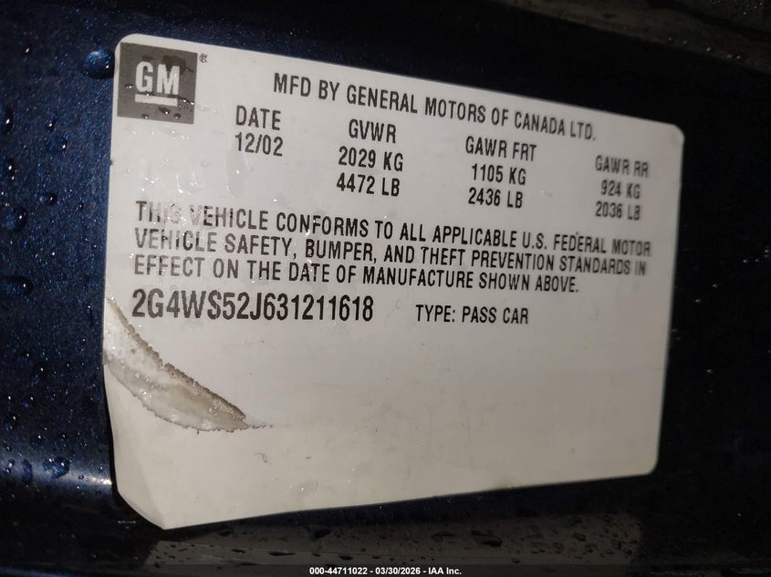 2003 Buick Century Custom VIN: 2G4WS52J631211618 Lot: 44711022