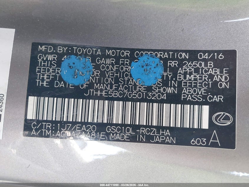 2016 Lexus Rc 350 VIN: JTHHE5BC7G5013204 Lot: 44711098