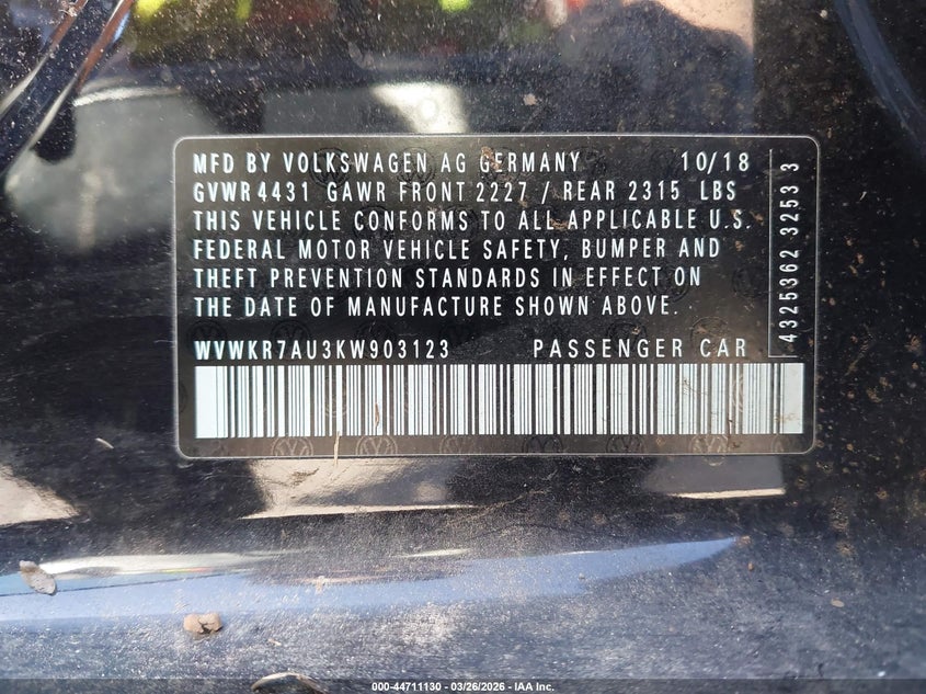 2019 Volkswagen E-Golf Se VIN: WVWKR7AU3KW903123 Lot: 44711130