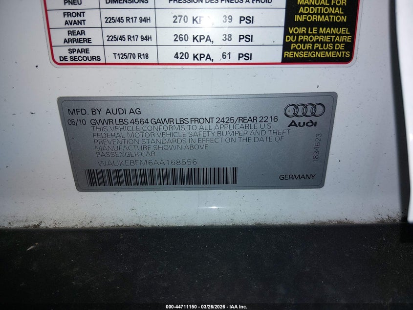 2010 Audi A3 2.0T Premium VIN: WAUKEBFM6AA168556 Lot: 44711150