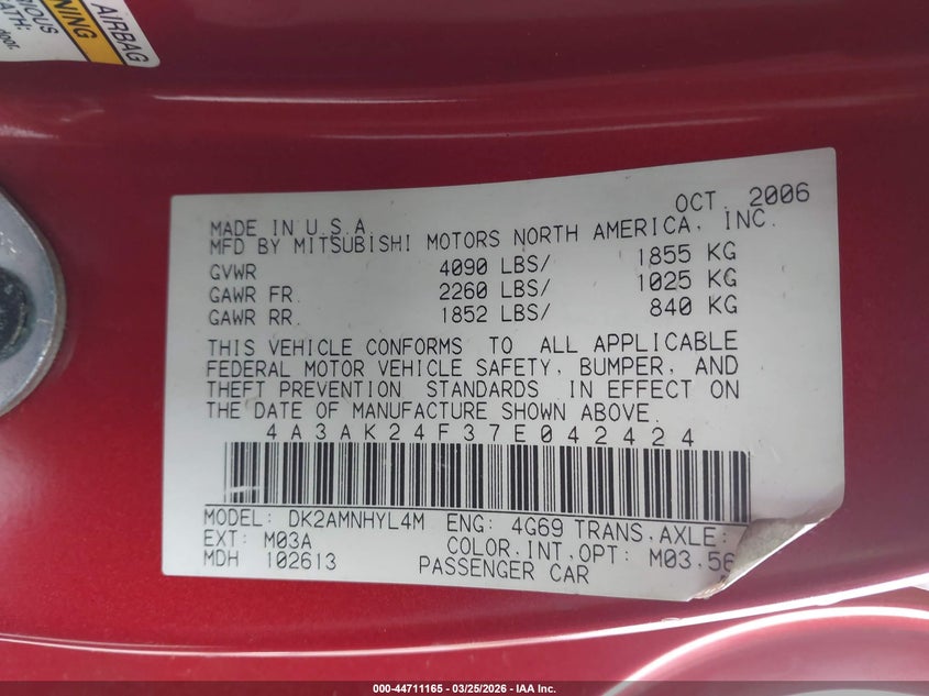 2007 Mitsubishi Eclipse Gs VIN: 4A3AK24F37E042424 Lot: 44711165