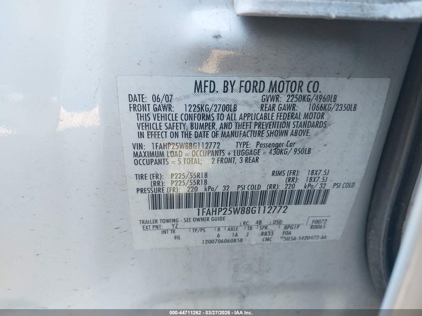 2008 Ford Taurus Limited VIN: 1FAHP25W88G112772 Lot: 44711262